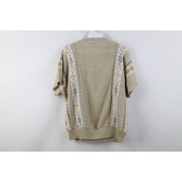 Vintage 90s Streetwear Womens Large Flower Fair Isle Knit Short Sleeve Sweater - Picture 8 of 10